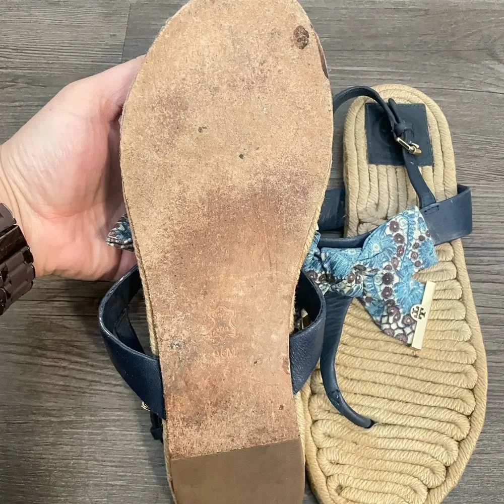 Tory Burch Penny Flat Bow Blue and Espadrilles Thong Sandals SZ 9.5